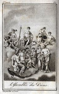 奥林匹斯山上的众神大会或十二位奥林匹斯人的代表。1819年的雕版画，载于查尔斯-阿尔伯特-德穆斯特（1760-1801）的 "Lettres a Emilie sur la mythologie"。私人收藏。 作者 匿名匿名