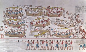 Representation of the Battle of the Nile Delta between the Armees of Ramses III and the Peoples of the Sea” From a relief to the funeral temple of Medinet Habou, Egypt 作者 匿名匿名