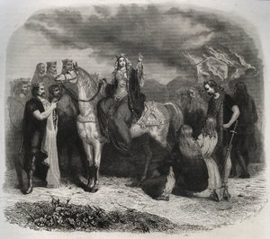 圣人拉德贡德（Radegonde de Poitiers，519-587）烧毁了一座派伊亚神庙，使高卢人皈依了基督教。1846年 "圣徒生涯 "中的雕版画。私人收藏。 作者 匿名匿名