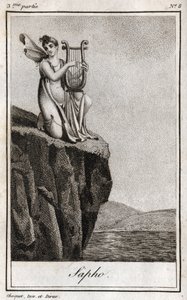 萨福（或萨福，公元前7世纪），希腊古代诗人。1819年的雕版画，载于查尔斯-阿尔伯特-德穆斯特（1760-1801）的 "Lettres a Emilie sur la mythologie"。私人收藏。 作者 匿名匿名
