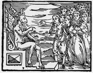 撒旦要求新的巫师签订协议--"Compendium Maleficarum"，涉及女巫、她们的邪恶和她们的财团，由Francesco Maria Guazzo或Guaccio或Guaccius (15?-16?)1608年私人收藏。 作者 匿名匿名