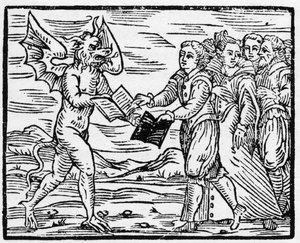 撒旦向追随者赠送一本黑书，以换取《福音书》--"Compendium Maleficarum"，涉及女巫、她们的不幸和她们的慈善事业，作者是弗朗西斯科-玛丽亚-瓜佐或瓜乔或瓜乔（15？ -16？ 作者 匿名匿名