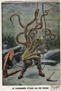 被章鱼攻击的斯卡潘德。1912年6月16日在 "Le petit Journal "上的版画。私人收藏。 作者 匿名匿名