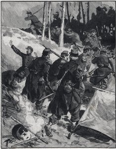 埃米尔-左拉（1840-1902）的小说《大溃败》的场景。1892年2月28日在 "Le petit parisien "的雕刻。私人收藏 作者 匿名匿名