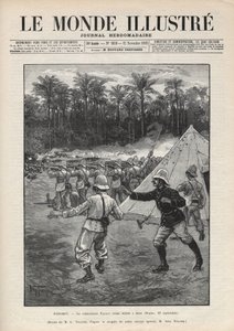 第二次达荷美战争（1892-1894）：1892年9月19日在达荷美（现在的贝宁）的多格巴战役中，法国指挥官福拉克斯死亡。一份报纸。1892年 "Le monde illustrstree "中的雕版画。私人收藏。 作者 匿名匿名