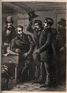 查尔斯-古宾中士（1798-1822）被欧仁-弗朗索瓦（Eugene Francois）-维多克（Vidocq）逮捕--朱尔斯-博约（Jules Beaujoint）的 "拉罗谢尔的四位中士的历史和戏剧性的大改革 "中的版画--1900年左右 作者 匿名匿名