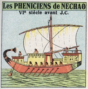 船和船。公元前7世纪为法老Nechao服务的Phenician水手。1925年的匿名插图。私人收藏。 作者 匿名匿名