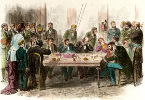 1879 年 6 月 9 日在巴黎圣拉扎尔 (Saint-Lazare) 车站候车室的电话体验。 雕刻 19 世纪私人收藏 作者 匿名匿名