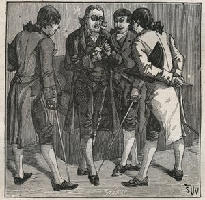 英国矿物学家John Mawe (1764-1829)对Bresilian假钻石的测试。1885年阿道夫-比塔尔（Adolphe BITARD）在 "Les arts et metiers illustrstres "中的雕版画。 作者 匿名匿名