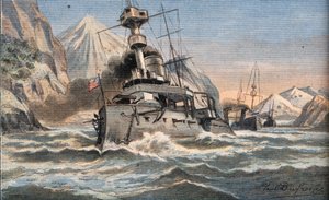 麦哲伦底特律的美国舰队。1908年2月23日 "巴黎人报 "上的版画。私人收藏。 作者 匿名匿名