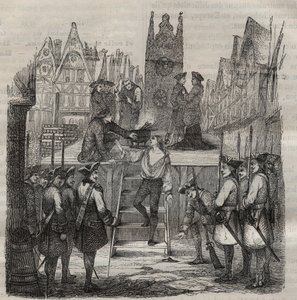 1766年，Chevalier Francois-Jean Lefebvre de La Barre（弗朗索瓦-让-勒菲布尔-德-拉巴尔）登上了脚手架。皮埃尔-扎科内（1817-1895年）在《从创建到现在的袋子史》（1877年）中的版画（Colonia Penale--刑场）。