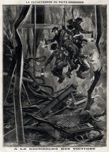 Couchoud 井灾难：救援人员前往圣艾蒂安附近 Grand Croix 的 Peronniere 矿井之一寻找遇难者。 雕刻。 在《小巴黎人》中 作者 匿名匿名