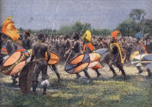 美国前总统西奥多-罗斯福（1858 - 1919）对非洲的远征。乌干达的战士舞蹈。雕版画。1910年4月24日 "小巴黎 "报之一。私人收藏。 作者 匿名匿名