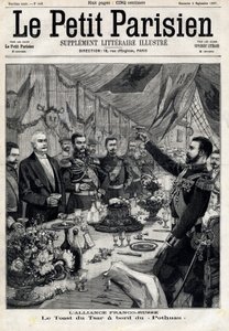法俄联盟：沙皇尼古拉二世（1868-1918）为法国总统费利克斯-福尔（1841-1899）在Pothau号上敬酒。在1897年9月5日的 "小巴黎人 "上。私人收藏 作者 匿名匿名