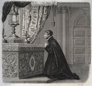 意大利耶稣会士路易-德-贡萨格（San Luigi Gonzaga）（1568-1591）在祈祷。1846年在《圣徒传》中的雕刻。私人收藏。 作者 匿名匿名