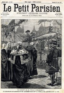 英国维多利亚女王的庆典：伦敦市长霍雷肖-戴维斯（1819-1901）和他的市议员们迎接女王抵达伦敦。在1897年6月27日的 "小巴黎人 "杂志上。私人收藏 作者 匿名匿名
