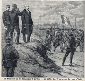 共和国总统费利克斯-福尔（1841-1899）访问凡尔登（默兹）：埃廷路军校的隘口。刊登在 "巴黎人报 "上的版画 作者 匿名匿名