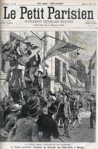 美西战争（American Hispano）：1898年，人群撕毁美国驻西班牙马拉加领事馆的徽章。1898年5月的 "小巴黎人 "封面。 作者 匿名匿名