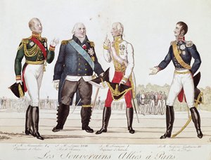 盟国君主：1815 年 9 月在巴黎签署联盟时，俄国的亚历山大一世、法国的路易十八、奥地利的弗朗索瓦二世和普鲁士的腓特烈威廉三世（平版印刷） 作者 匿名匿名