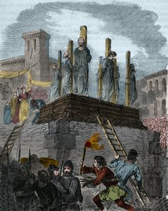 奥尔良异端案件：1022年在奥尔良，教士们因异端而被判处屠夫。(虔诚的罗伯特二世（996-1031年）统治下的西方反异端斗争历史中的第一个屠夫。19世纪的雕版画 作者 匿名匿名