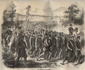 该链条始于19世纪的土伦巴格内。雕刻在 "Histoire des bagnes depuis leur création à nos jours"（1877年）中，作者是Pierre Zaccone（1817-1895）（Colonia Penale-刑罚殖民地）。私人收藏。 作者 匿名匿名