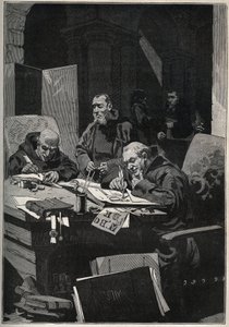 The chrysograph: copistee monks carrying out illuminations in gold letters in the middle ages. Engraving from 1885 in “” Les arts et metiers illustres”” by Adolphe BITARD. 作者 匿名匿名
