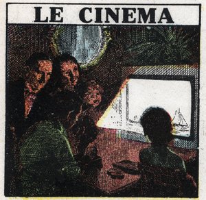 电影摄影师：一个家庭在屏幕上观看电影。1925年的匿名插图。私人收藏。 作者 匿名匿名