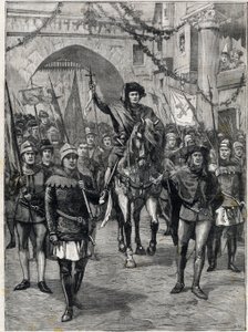 14世纪的公司队伍。巴黎商人的队伍。雕版画。载于《小巴黎人》，1899年6月18日。私人收藏。 作者 匿名匿名