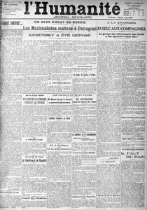 The coup in Russia on the headlines of the socialist newspaper “Humanity””. Headlines:”” The Masters Maximalists in Petrograd””, “” Kerensky was deposited””” (Kerenski), The 9/11/1917. 作者 匿名匿名