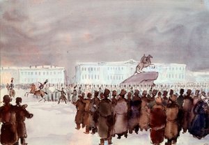 1825年十二月党人起义期间，塞纳特广场上的人群。1825年12月14日在圣彼得堡组织的硬性镇压的政变企图的十二月党人或十二月党人，以获得未来沙皇的宪法，使政权现代化。匿名人士 作者 匿名匿名