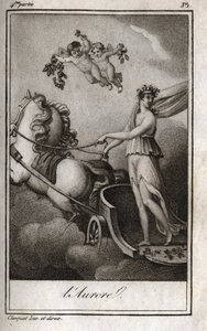 黎明（阿波罗引导太阳的战车）。日出的寓言。1819年的雕版画，载于查尔斯-阿尔伯特-德穆斯特（1760-1801）的 "Lettres a Emilie sur la mythologie"。私人收藏。 作者 匿名匿名
