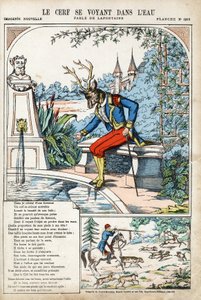 小鹿在水中看到自己。Jean de LA FONTAINE (Lafontaine) (1621-1695)为《寓言》所作的匿名插图。庞德穆松的图像，约1880年。私人收藏。 作者 匿名匿名