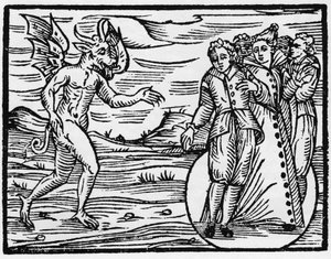 恶魔迫使那些让他出现的人与他达成协议 - "Compendium Maleficarum"，涉及女巫、她们的邪恶和她们的财团，由Francesco Maria Guazzo或Guaccio或Guaccius (15?-16?) 1608年私人收藏 作者 匿名匿名