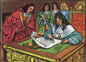 路易十四于1685年10月18日签署的《枫丹白露协议》废除了亨利四世于1598年授予的《南特协议》。无名氏插图，收录于 "法国国家元首和政府首脑作品集"。20世纪。私人收藏。 作者 匿名匿名