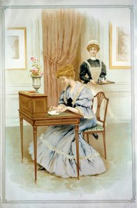 信。 一位坐在办公桌前的年轻女子写了一封信。 19 世纪的水彩画。 私人收藏 作者 匿名匿名