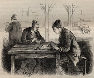 19世纪在土伦巴格内的公共作家。皮埃尔-扎科内（Pierre Zaccone）（1817-1895）在 "Histoire des bagnes depuis leur création à nos jours"（1877）中的雕刻（Colonia Penale-刑罚殖民地）。私人收藏。 作者 匿名匿名