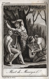 马西亚斯的惩罚》（The Punishment of Marsyas）因藐视阿波罗的琴声而受到惩罚，在米达斯国王和缪斯女神面前被弓箭手阻挡。1819年的雕版画，载于查尔斯的 "Lettres a Emilie sur la mythologie "中。 作者 匿名匿名