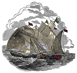 1695年9月，海盗Henry Every(John Avery, Long Ben, Benjamin Bridgeman)(?-1695)的船在印度苏拉特附近袭击了伟大的莫卧儿王朝Aurangzeb(Alamgir)的舰队，这幅画出自Charles Ellms的《海盗自述》。 作者 匿名匿名