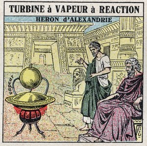 蒸汽机：反应式蒸汽涡轮机。公元1世纪希腊的亚历山大的赫伦（或老赫伦）发明的Eolipyle。1925年的匿名插图。私人收藏。 作者 匿名匿名