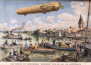 齐柏林飞艇在德国康斯坦茨湖的测试。来自1908年8月2日 "Le Peute Parisien "报纸的版画。私人收藏。 作者 匿名匿名