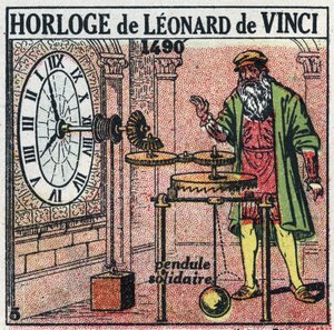时间：由Leonard de Vinci（达芬奇）（1452-1519）在1490年发明的重量钟。它用一个垂直天平取代了传单。1925年的匿名插图。私人收藏。 作者 匿名匿名