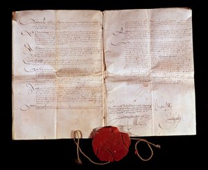 亨利二世（1519-1589）与西班牙腓力二世于1559年4月3日签订的《卡托-坎布雷西条约》（Cateau-Cambresis）。法国将其意大利领土归还给西班牙。这次贸易结束了意大利战争。巴黎，国家档案馆 作者 匿名匿名