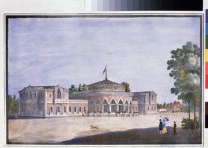 Une gare de chemin de fer et un restaurant francais a Catharinhof（Catharinhof 的火车站和法国餐厅）。匿名石版画，水彩上色，22 x 33 厘米 作者 匿名匿名