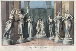 Various sculptures by Canova - The Three Graces - Hebe - The Three Graces Dancing - Venus Italica - Muse - engraving from “” Usi e Costumi di Tutti i i Popoli dell