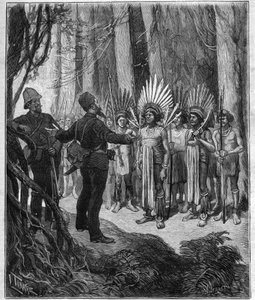 Voyage of Henri Coudreau (1859-1899), professor of geography and explorer in the Indian territory of Guiana - he received from Roucouyan chefs - engraving in “Journal des voyages” of 1889. 作者 匿名匿名