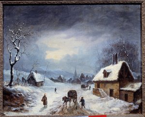 冬季景观。一辆马车在白雪覆盖的道路上。无名画作。19世纪 私人收藏 作者 匿名匿名