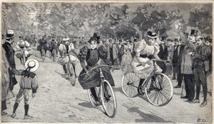 在巴黎附近的布洛涅森林举行的女子自行车赛。1893年6月25日 "小巴黎人 "杂志上的版画。 作者 匿名匿名