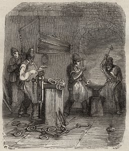 19世纪在罗什福尔巴格内的工人部队。皮埃尔-扎科内（Pierre Zaccone）（1817-1895年）在 "Histoire des bagnes depuis leur création à nos jours"（1877年）中的版画（Colonia Penale-刑罚殖民地）。私人收藏。 作者 匿名匿名