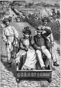 Carros de cesto in Madeira 1893 - Les corinhos (carrieros) a Madere (Madeira) - hommes guiding a seat in two places on roulette (un corinho). Engraving in "Journal des voyages" 1893 作者 匿名匿名