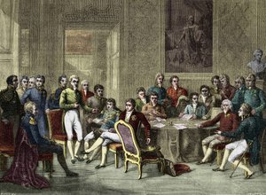 维也纳会议。1815年的维也纳会议。亚历山大一世，沙皇；H.R.斯图尔特，卡斯特里赫；弗朗索瓦一世，奥地利皇帝；弗雷德里克-威廉三世，普鲁士国王；卡尔-奥古斯特，哈登伯格王子；威廉-冯-洪堡（William of Humboldt 作者 匿名匿名